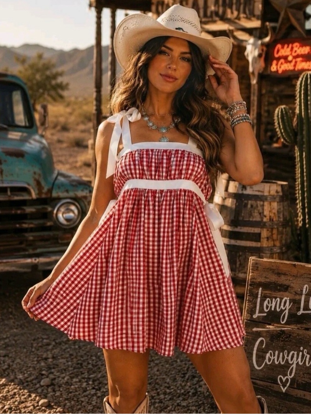 ee: some Los ÁngelesRed Gingham Tie-Shoulder Sundress - Lightweight Summer Dress